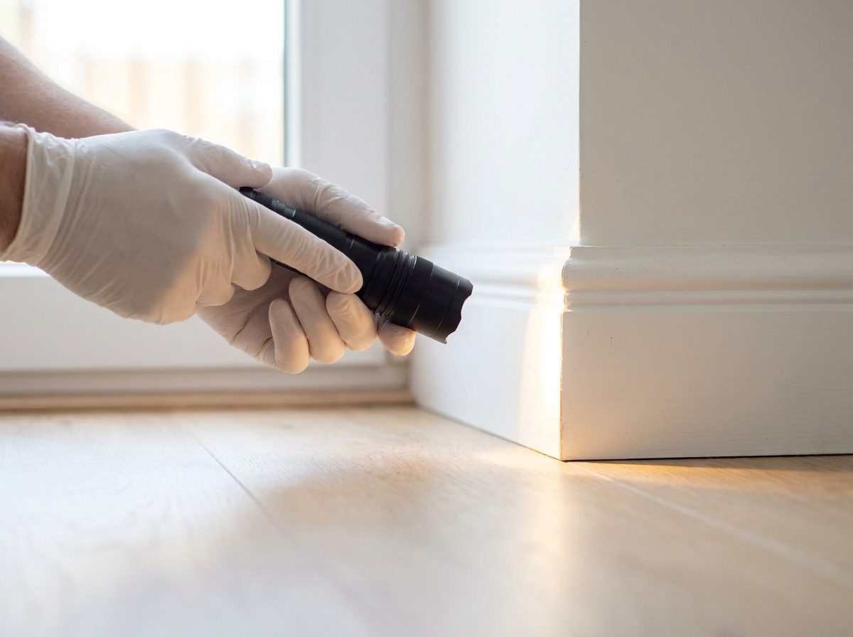 A gloved Sentry technician inspecting a baseboard with a flashlight during a home pest inspection.