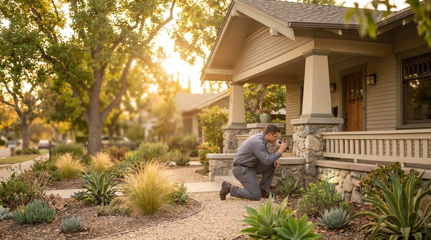 A licensed Sentry technician inspecting the foundation of a Craftsman home in the San Gabriel Valley at golden hour.